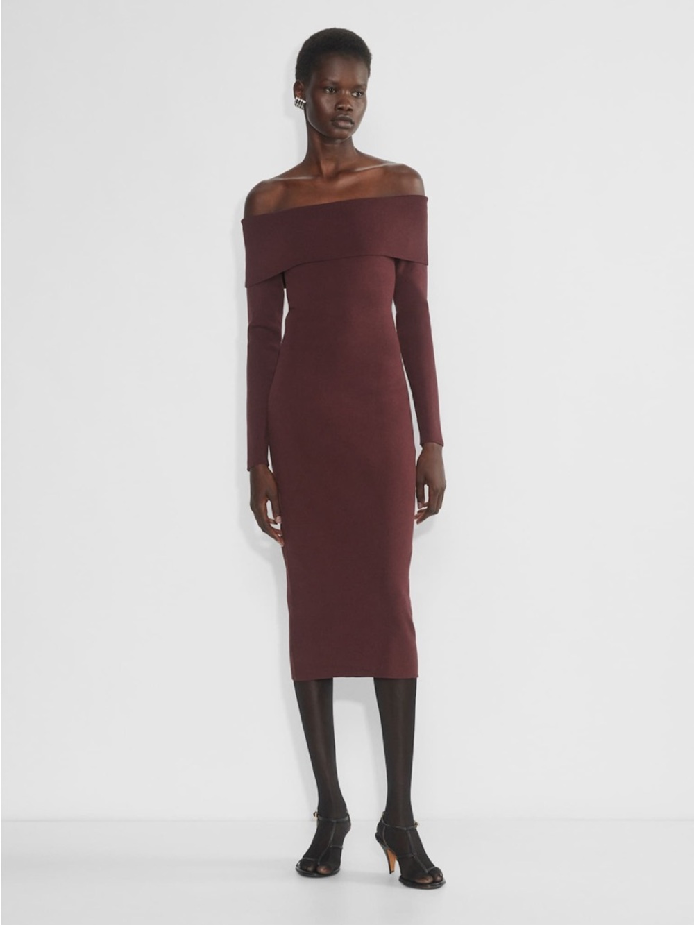 Babaton Off-the-Shoulder Long Sleeve Midi Dress in Burgundy